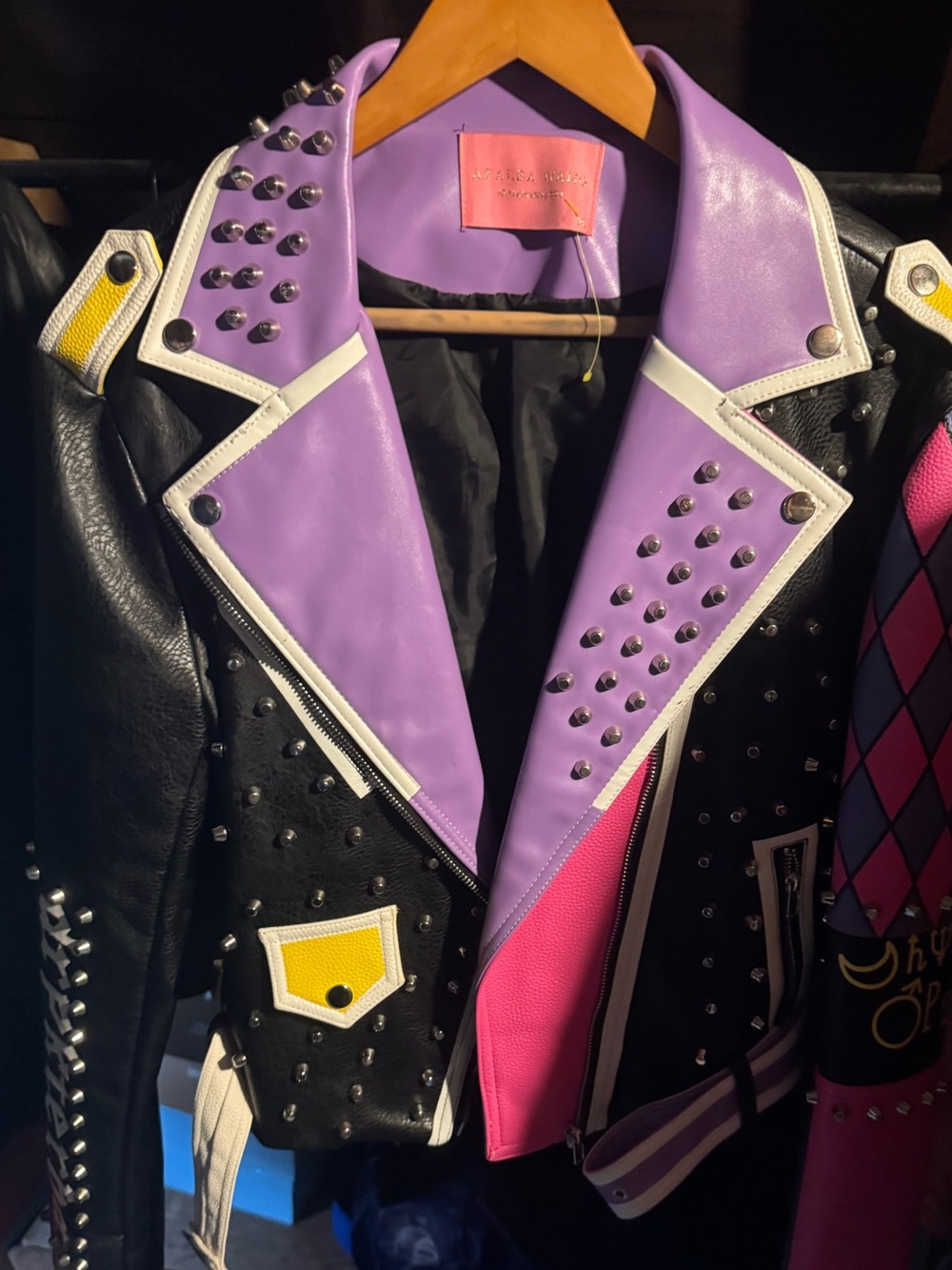 Azalea wang Studded Leather Moto Jacket with Lavender & Black Colorblock